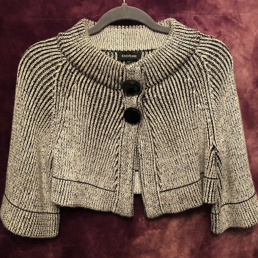 Bebe Grey/Charcoal Chunky Knit Crop Wool Cardigan, Size XS